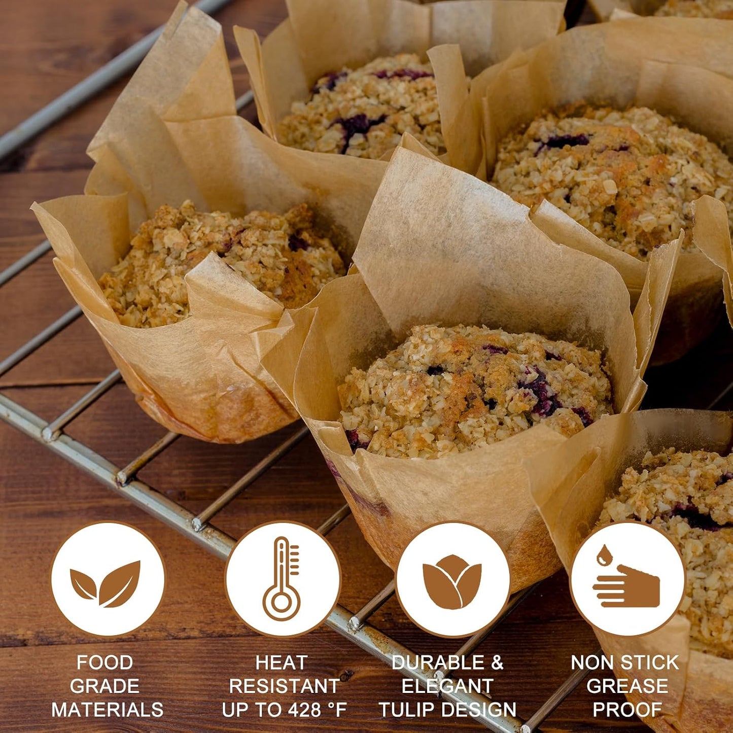 Neyimqr 120 Natural Tulip Cupcake Liners - Standard Baking Cups for Muffins & Parties