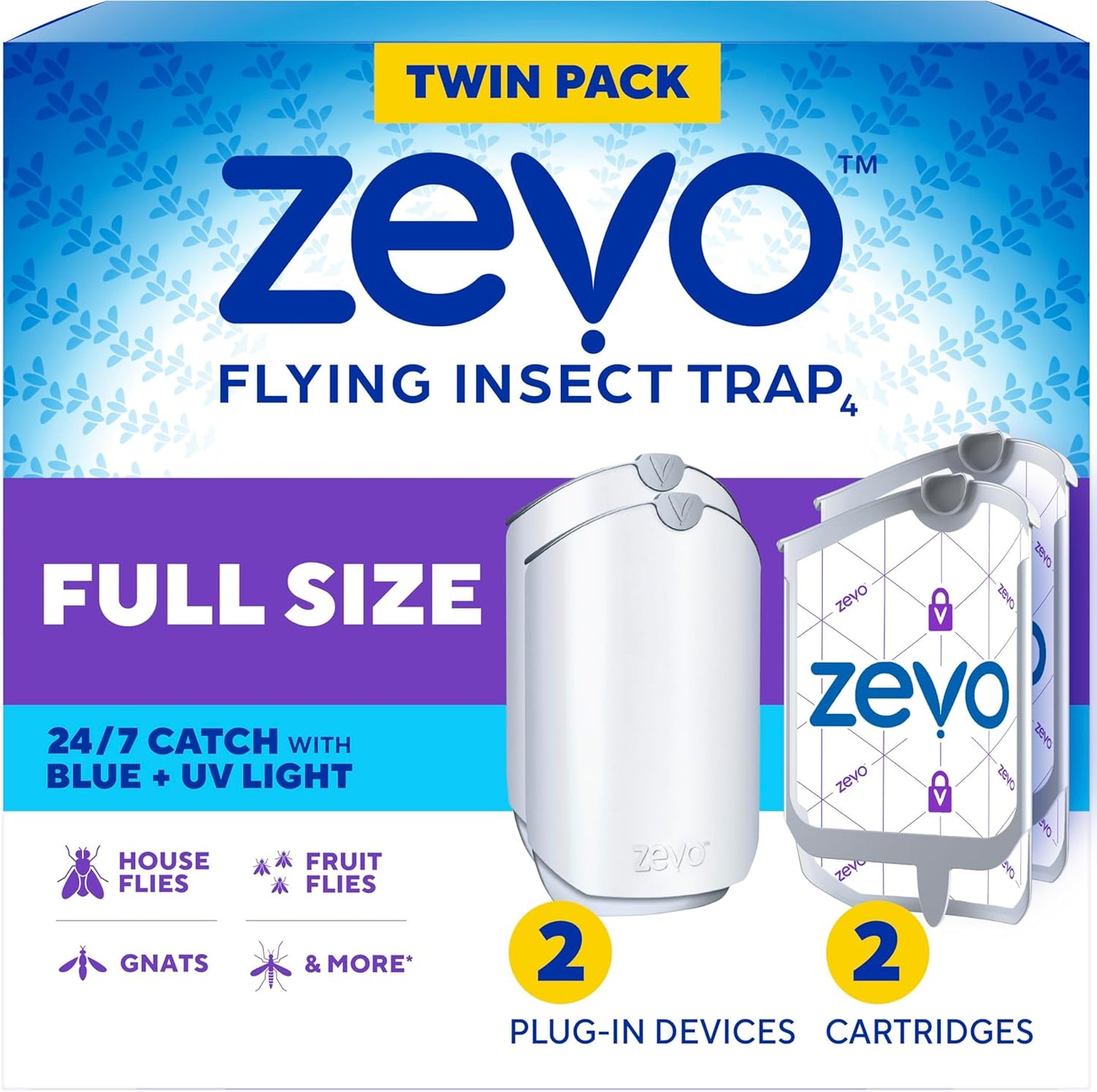 ZEVO Plug-in Indoor Fly Trap with Blue/UV Light - No-Mess Cartridge for House Flies & Gnats (2 Devices, 2 Refills)