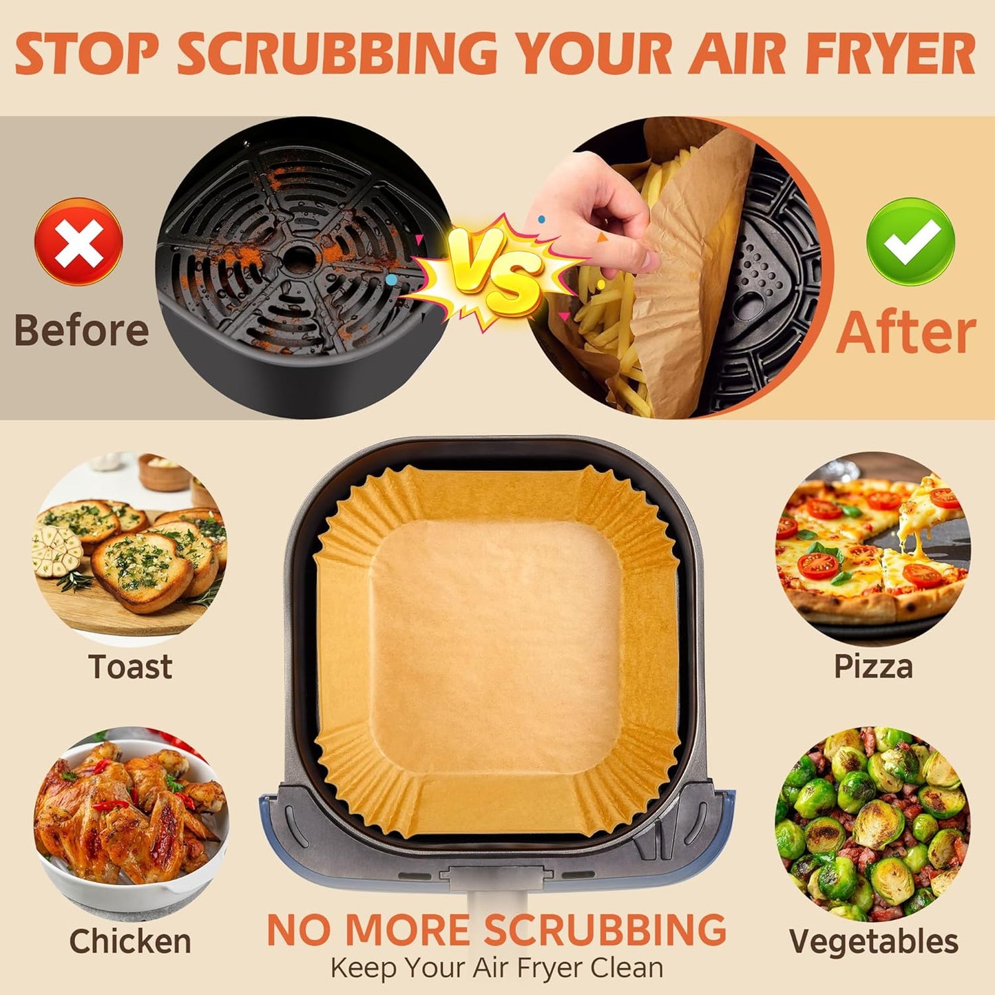 ReLuien Air Fryer Liners Disposable 125Pcs - 8" Square Unbleached Parchment Paper for 5-8QT Nonstick Baking Tools