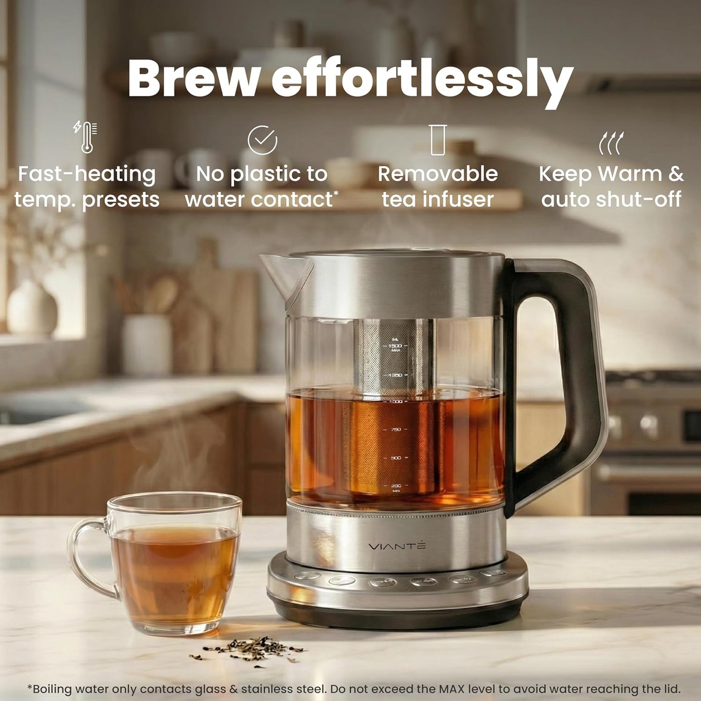 Viante Alba Electric Tea Kettle No Plastic | Borosilicate Glass & Stainless Steel