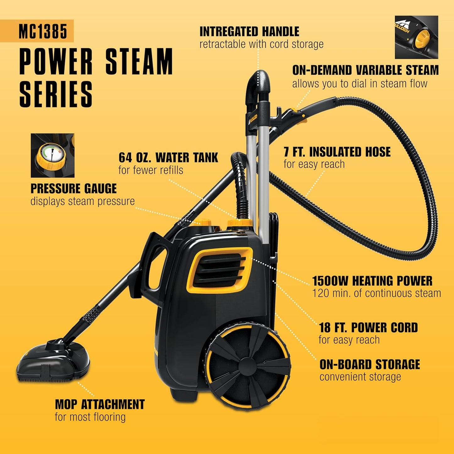 McCulloch MC1385 Deluxe Canister Steam Cleaner - Chemical-Free Cleaning for Home & Car Detailing