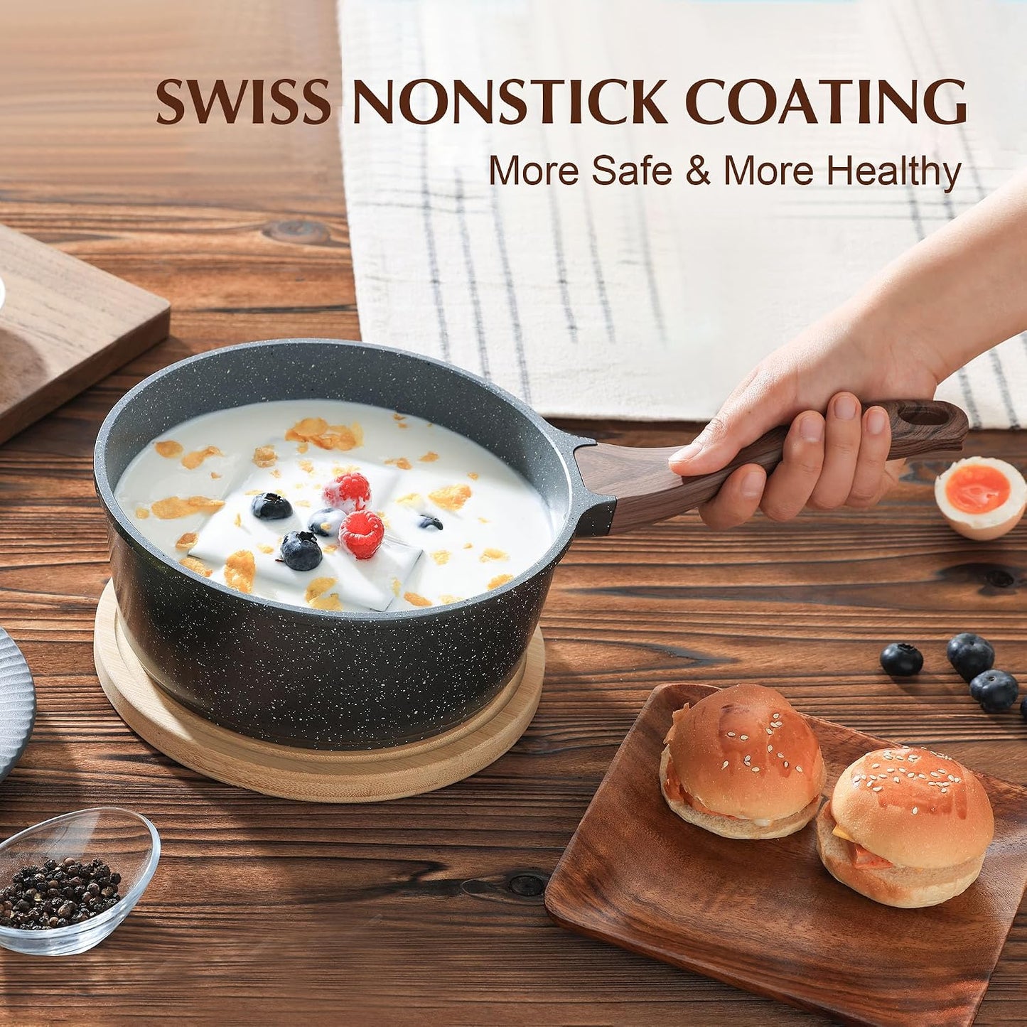 SENSARTE 1.5 Quart Nonstick Saucepan w/Lid - Swiss Granite Coating, Induction Safe