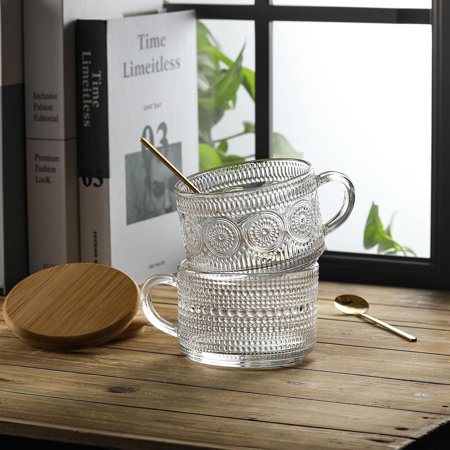 LANDNEOO Vintage Glass Coffee Mug Set (4-Piece) with Bamboo Lids & Spoons