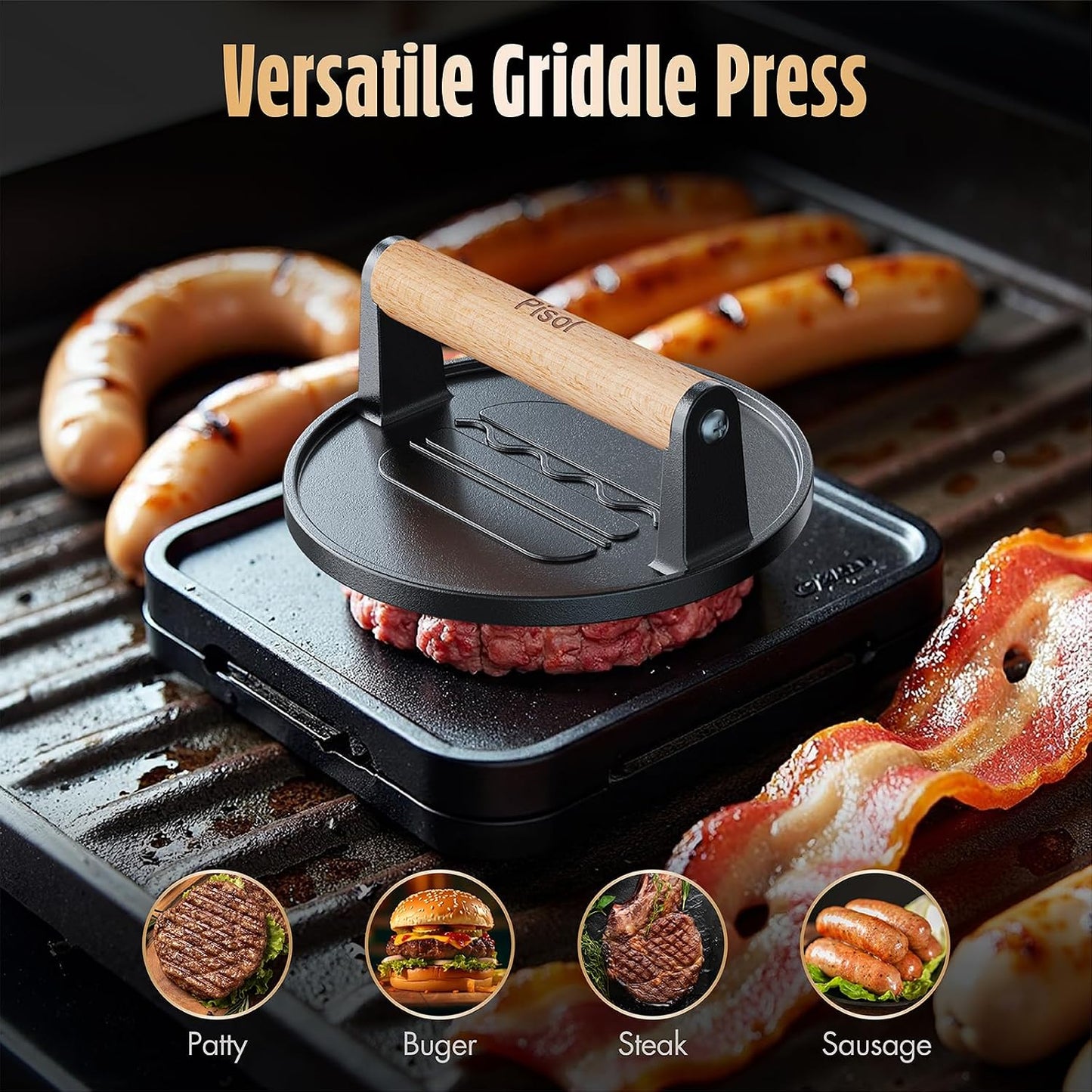Pisol Heavy-Duty Cast Iron Hamburger Press - Professional Grill Tool for Crispy Burgers & Bacon