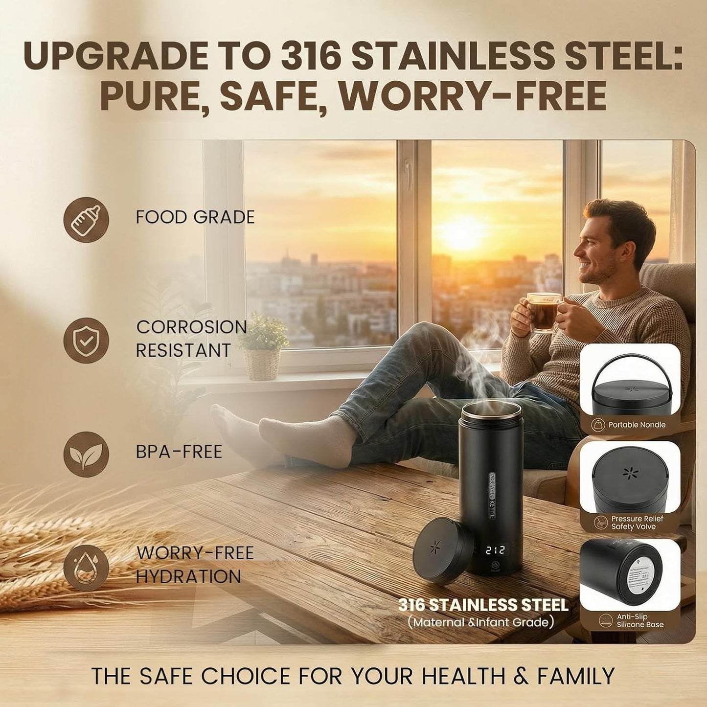 Portable Electric Travel Kettle with 4 Temp Settings & Auto Shut-off (SY-618), Black