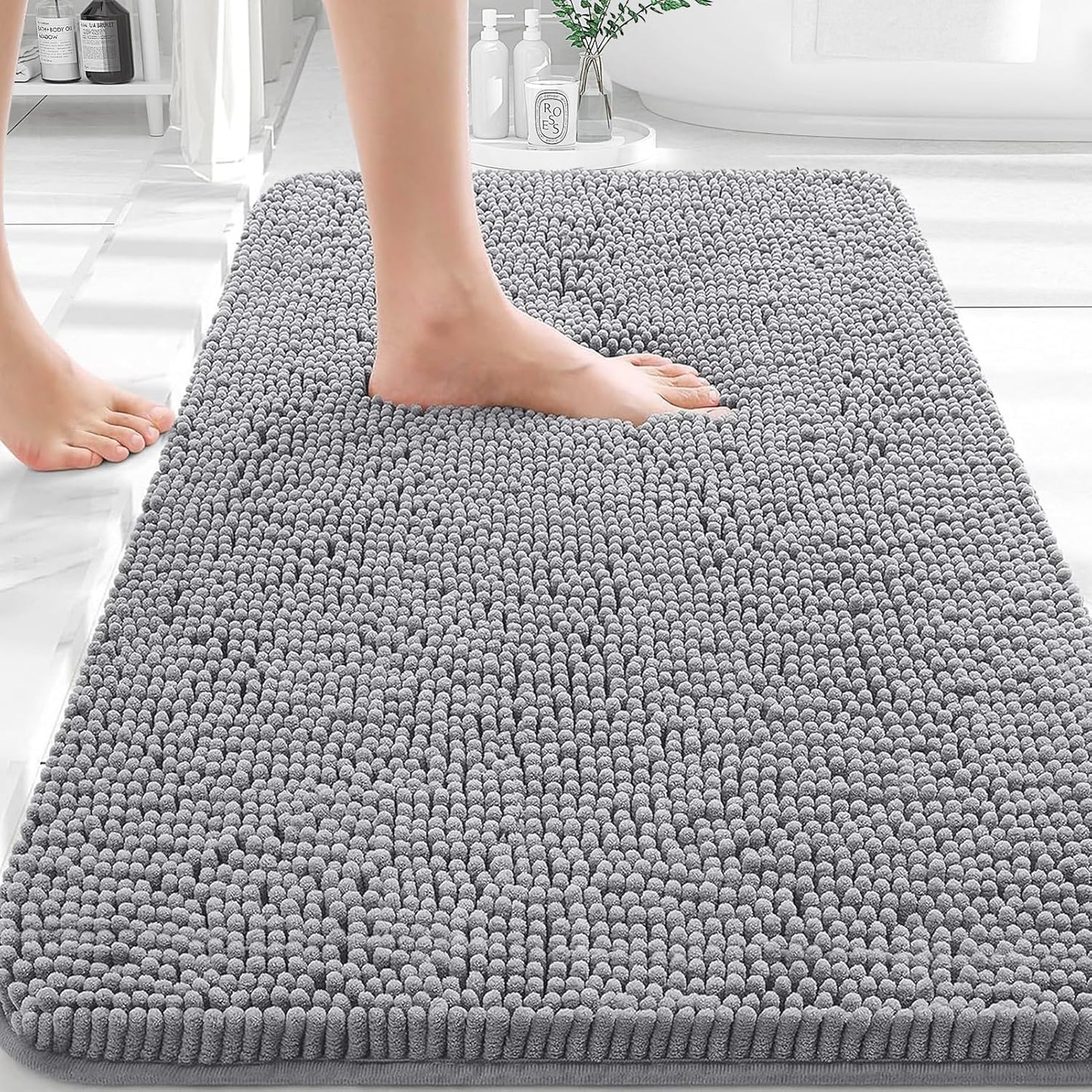 OLANLY Soft Chenille Bath Rug 30x20 - Absorbent Quick Dry Non-Slip Machine Washable Grey
