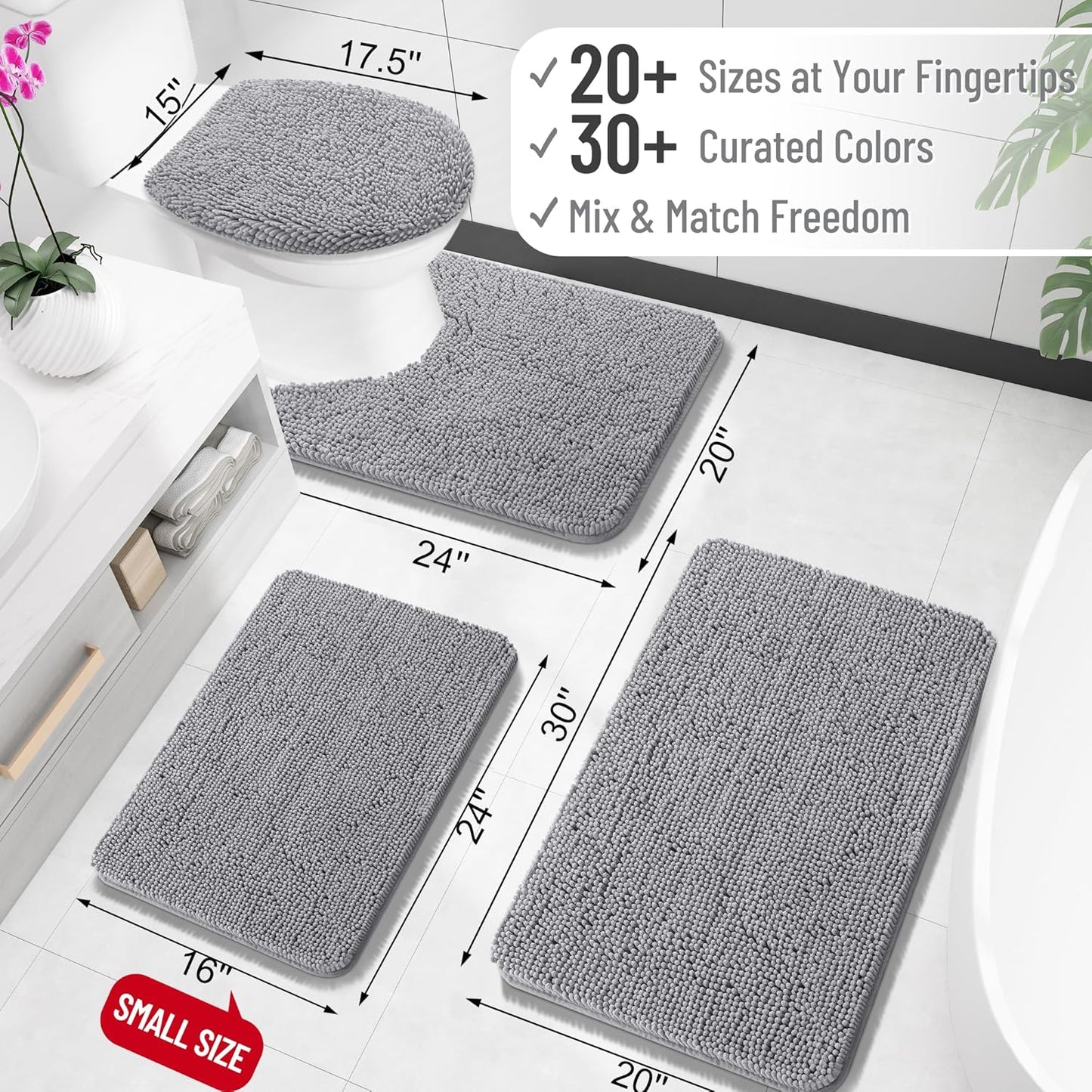 OLANLY Soft Chenille Bath Rug 30x20 - Absorbent Quick Dry Non-Slip Machine Washable Grey