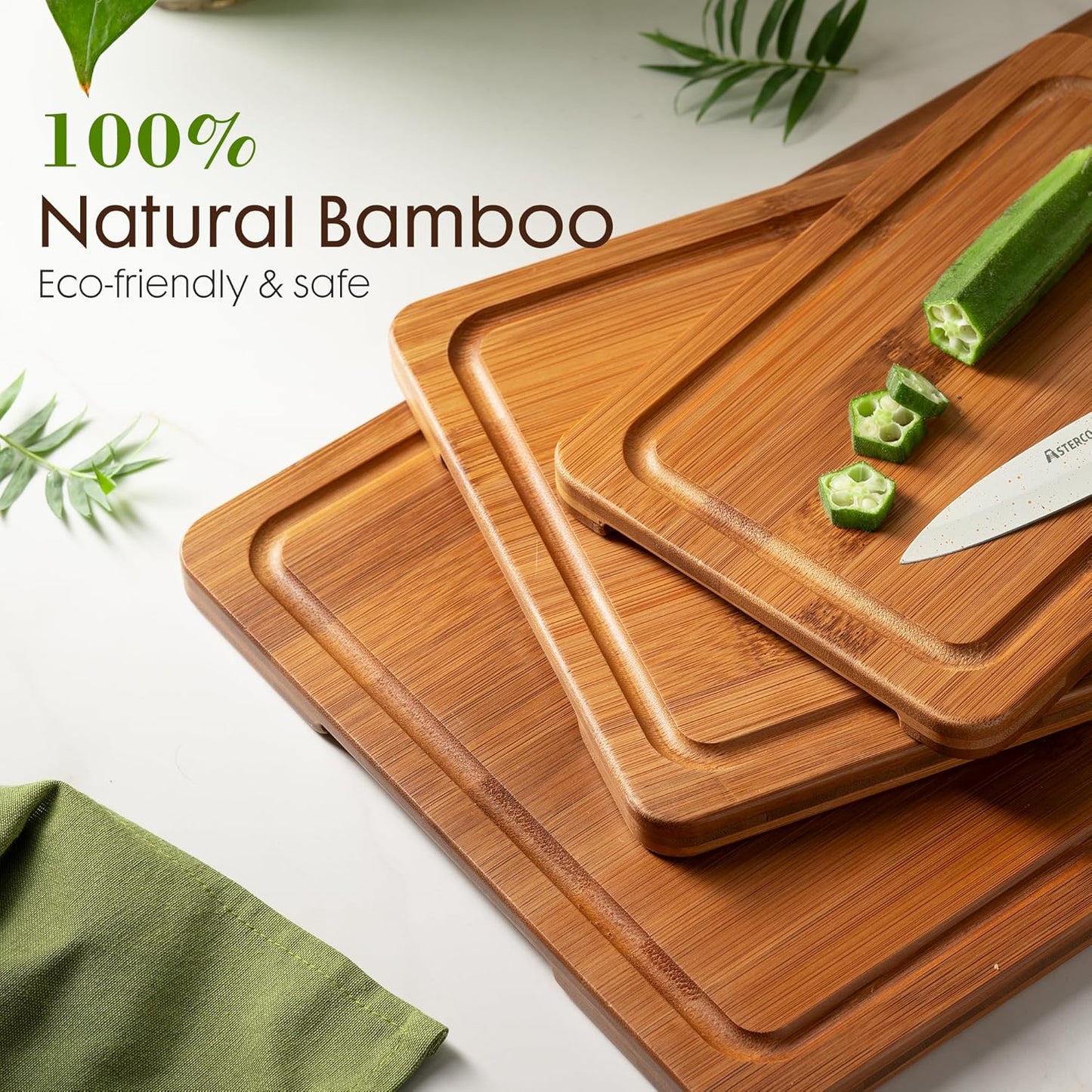 Astercook 3-Piece Deep-Carbonized Bamboo Cutting Board Set with Storage Stand