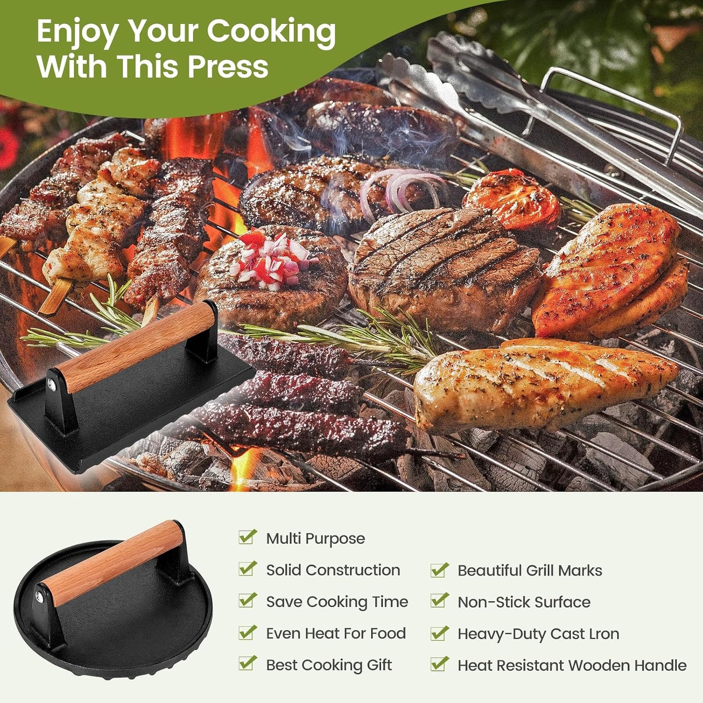 Whaleme Cast Iron Burger Press Set - 7" Round & 8x4" Rectangle Grill Press for Blackstone Griddle