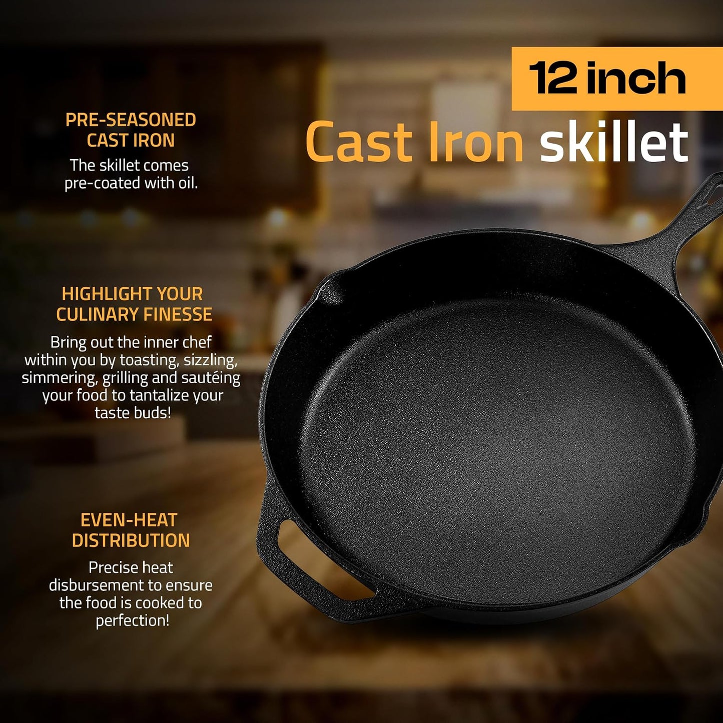 Utopia Kitchen 12-Inch Cast Iron Skillet - Pre-Seasoned Chef Pan for Stovetop & Outdoor Cooking