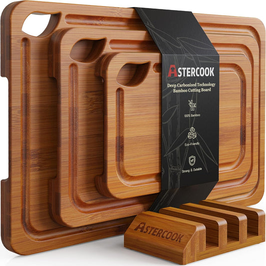 Astercook 3-Piece Deep-Carbonized Bamboo Cutting Board Set with Storage Stand